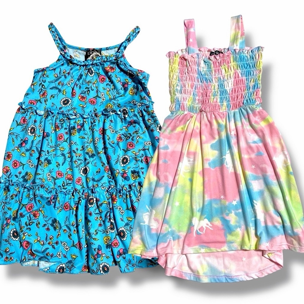 Kids Girls Size XS 4/5 Maxi Dress Set Of 2 Tie Dye Unicorn & Blue Flowers NEW